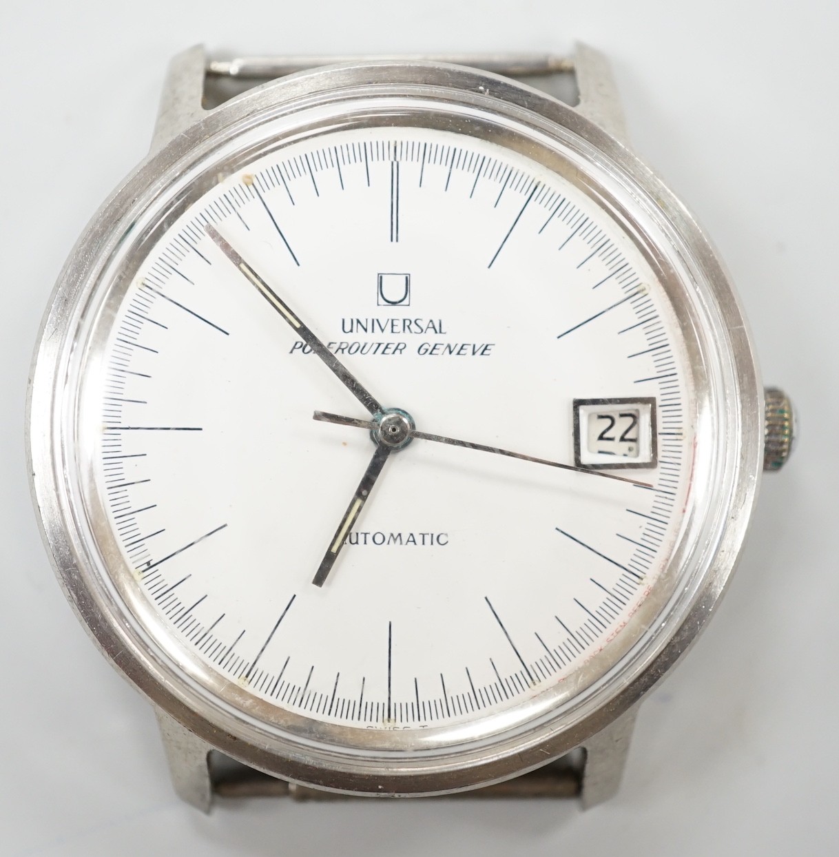 A gentleman's steel Universal automatic wrist watch, with baton numerals and date aperture, case diameter 36mm, no strap.